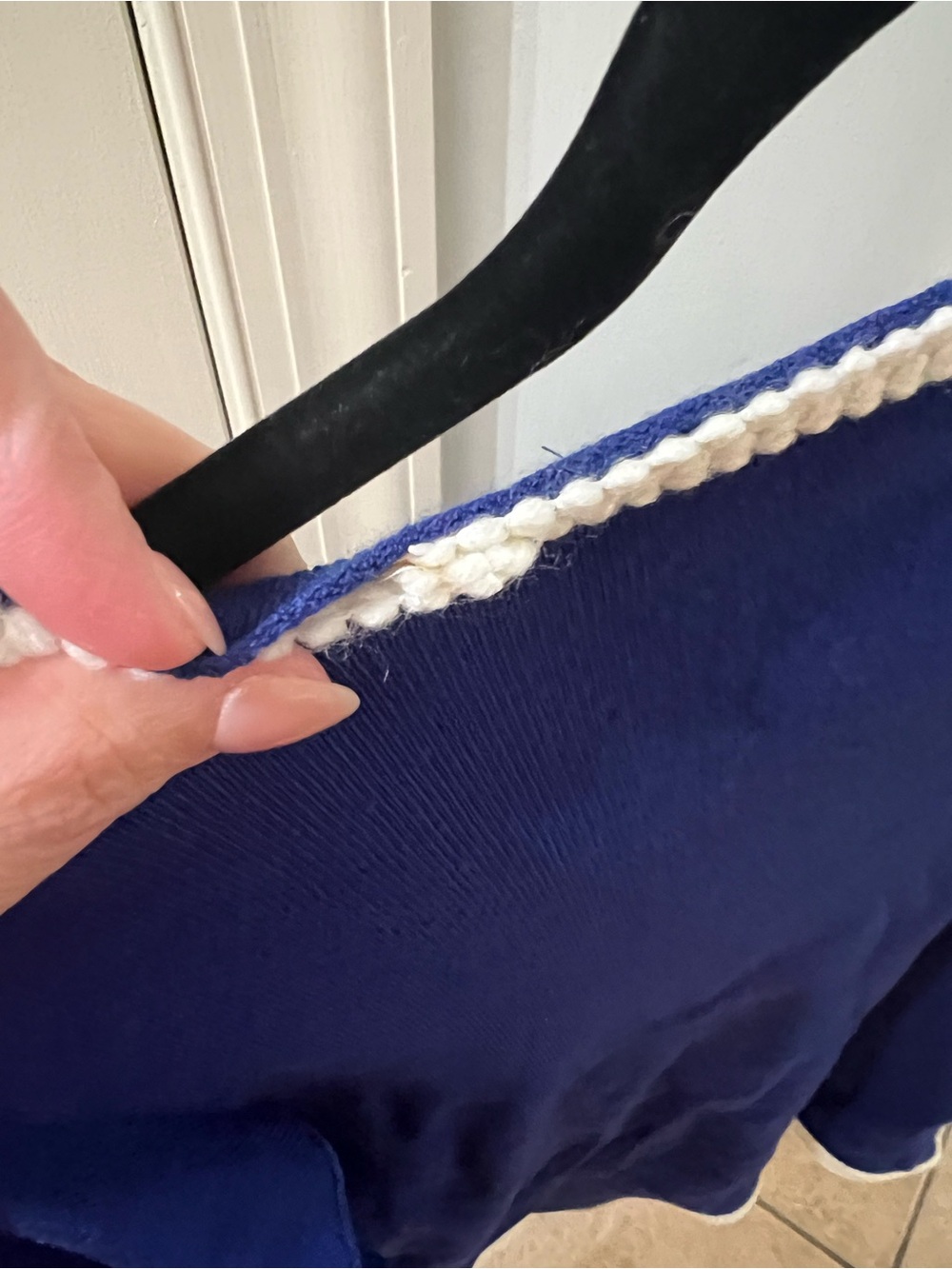 Navy Ruffle Trim Long Sleeve Top with Cream Piping - Picture 7 of 8